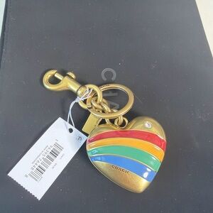 Coach Gold Heart Keychain with Rainbow Enamel Stripes